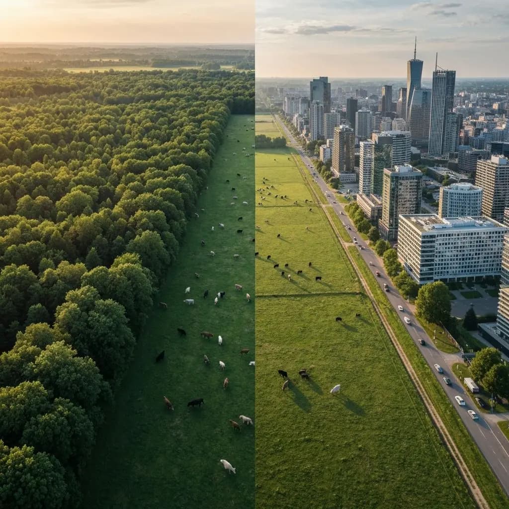 Vista aerea mostrando la conexion entre naturaleza, ganaderia y ciudad